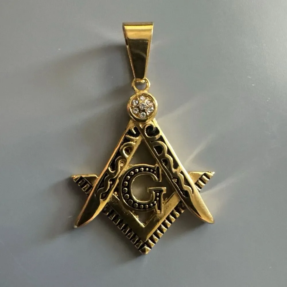 Men's Free Mason Stainless Steel Freemason Symbol Masonic Pendant Chain Gold